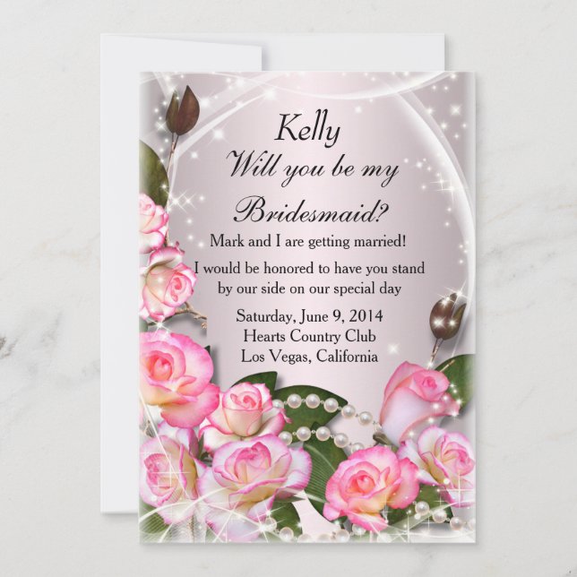 Elegant Pink Roses And Pearls Bridesmaid Card (Front)