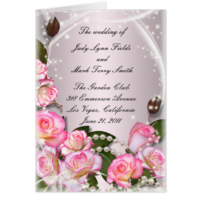 Elegant Pink Roses And Pearls Program Card (Front)