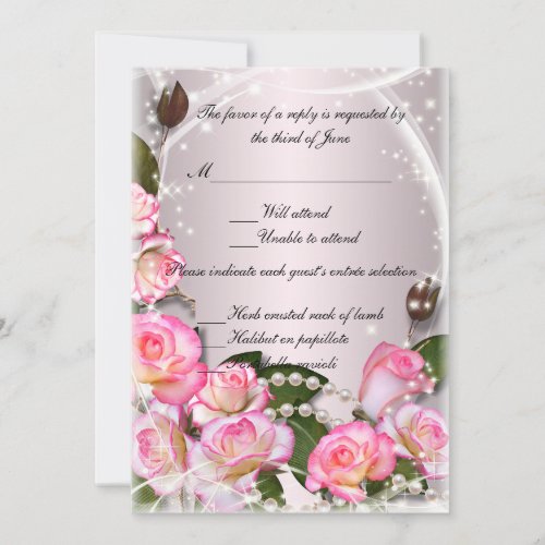 Elegant Pink Roses And Pearls Response Card