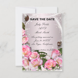 Elegant Pink Roses And Pearls Save The Date Card