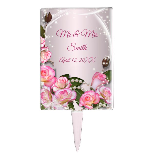Elegant Pink Roses And Pearls Wedding Cake Topper (Front)