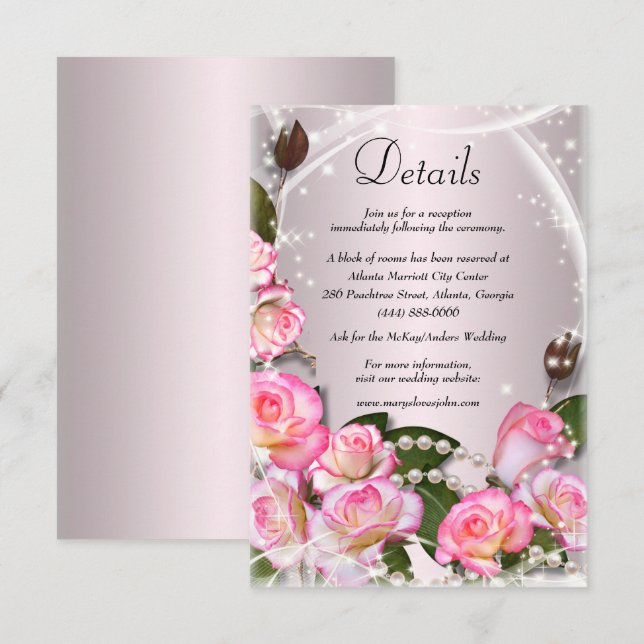 Elegant Pink Roses And Pearls Wedding Details Enclosure Card (Front/Back)
