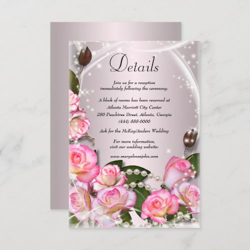 Elegant Pink Roses And Pearls Wedding Details Enclosure Card