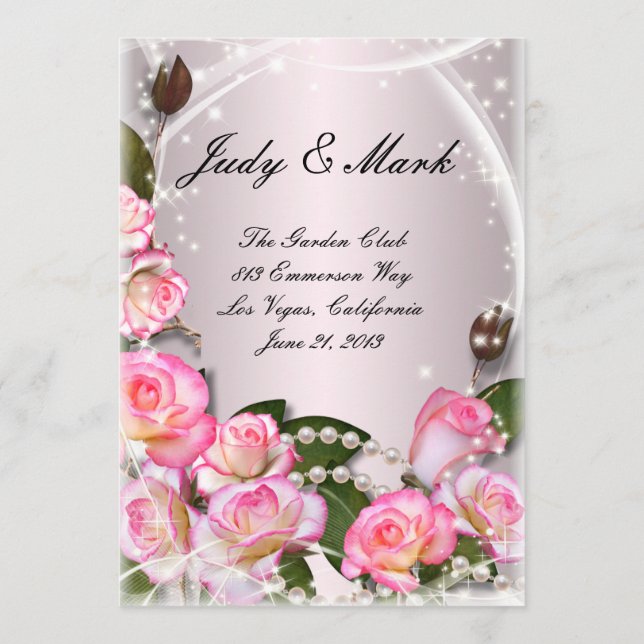 Elegant Pink Roses And Pearls Wedding Menu Card (Front)