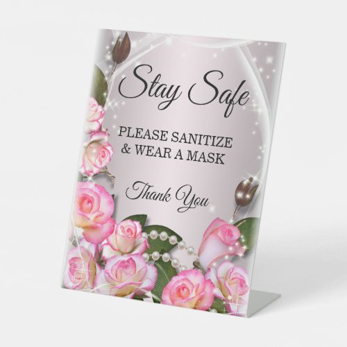 Elegant Pink Roses And Pearls Wedding Safety  Pedestal Sign