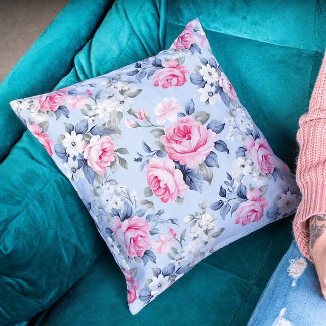 Elegant pink roses and white flowers pattern throw pillow (Creator Uploaded)