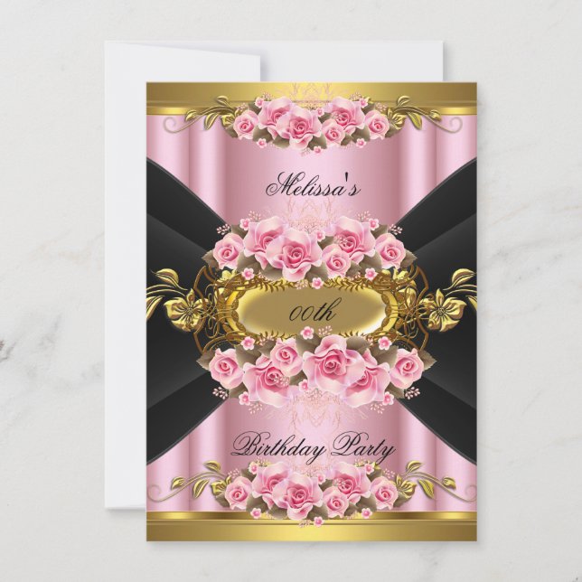 Elegant Pink Roses Black Gold Birthday Party Invitation (Front)