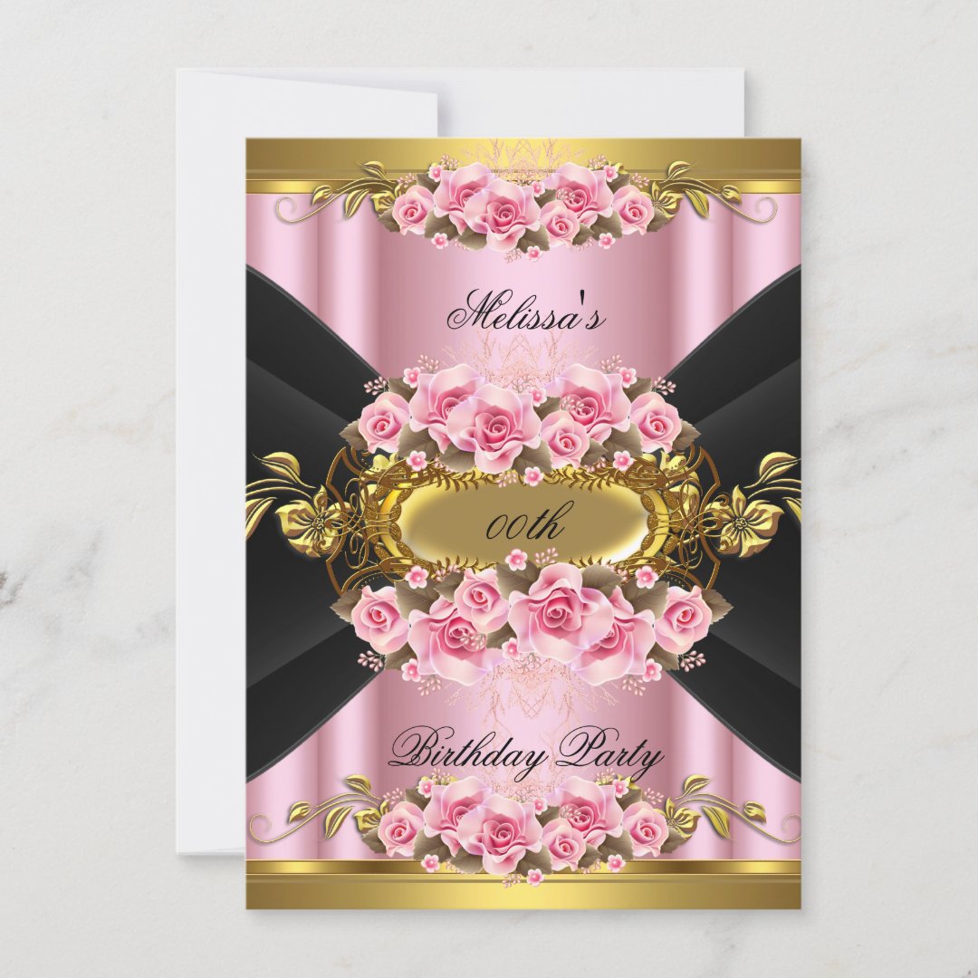 Elegant Pink Roses Black Gold Birthday Party Invitation Zazzle 7194