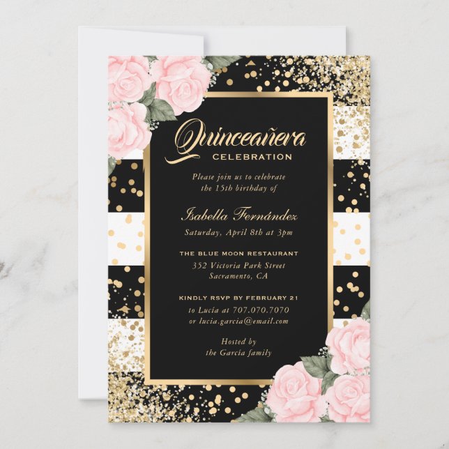 Elegant Pink Roses Black Gold Confetti Quinceañera Invitation (Front)