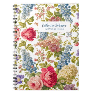 Elegant Pink Roses Blue Hydrangeas Vintage Floral Notebook