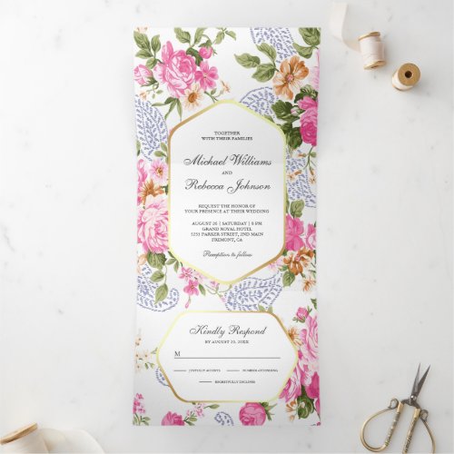 Elegant Pink Roses Botanical Garden 3 in 1 Wedding Tri_Fold Invitation