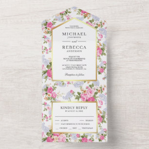 Elegant Pink Roses Botanical Garden Wedding All In One Invitation