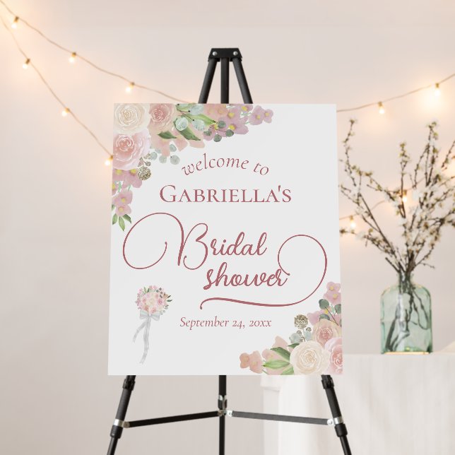 Elegant Pink Roses Bouquet Bridal Shower Welcome Foam Board (In Situ (Stand))