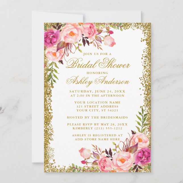Elegant Pink Roses Bridal Shower Gold Glitter Invitation (Front)