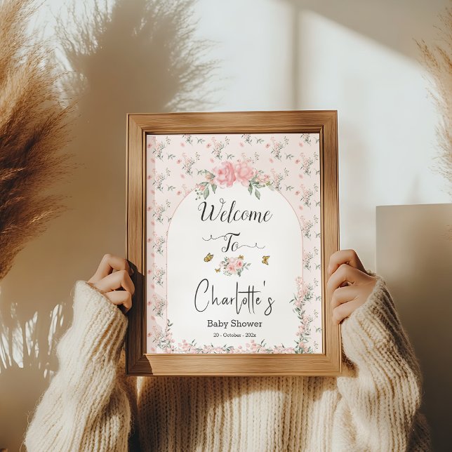 Elegant Pink Roses & Butterfly Baby Shower Welcome Poster (Creator Uploaded)
