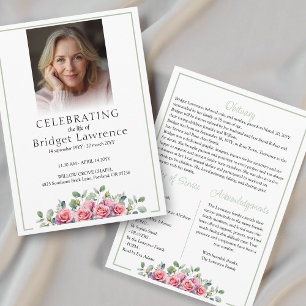 Elegant Pink Roses Celebrating Life Of - Funeral Program