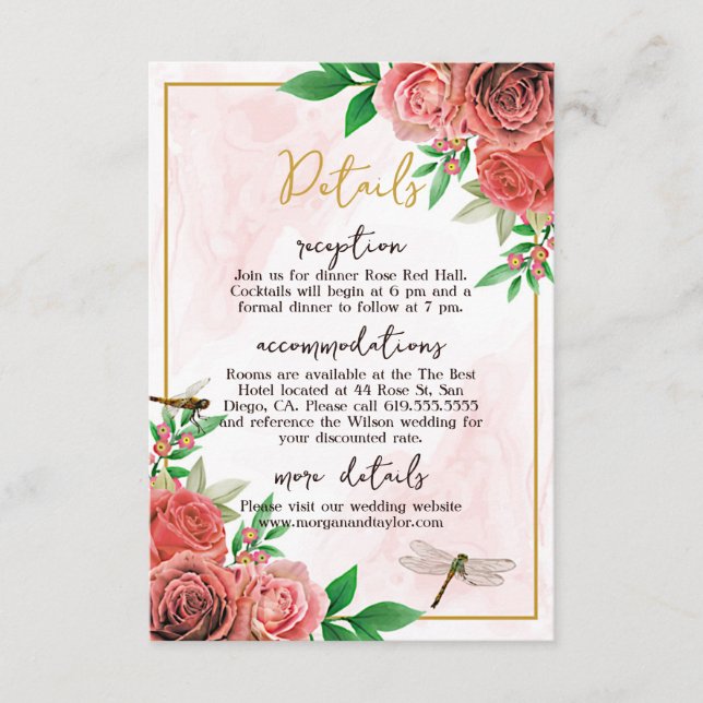 Elegant Pink Roses & Dragonflies Reception RSVP Card (Front)