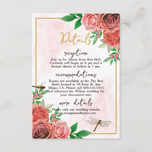 Elegant Pink Roses  Dragonflies Reception RSVP Card