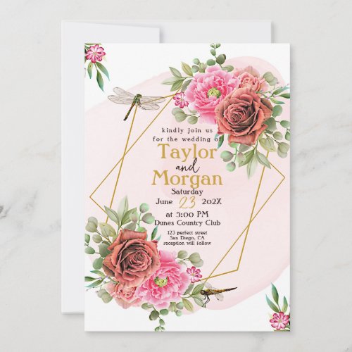 Elegant Pink Roses  Dragonflies Wedding Invitation
