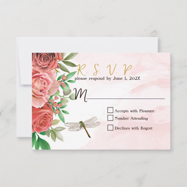Elegant Pink Roses & Dragonflies Wedding RSVP (Front)