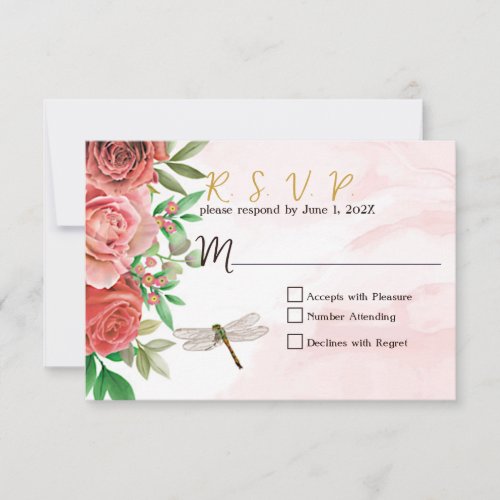 Elegant Pink Roses  Dragonflies Wedding RSVP