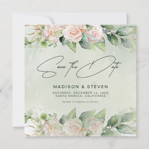 Elegant Pink Roses Eucalyptus Greenery Wedding  Save The Date