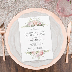 Elegant Pink Roses Feminine 60th Birthday Party Invitation