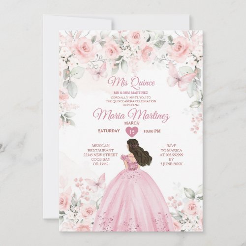 Elegant Pink Roses Floral 16th Mexican Quiceanera Invitation