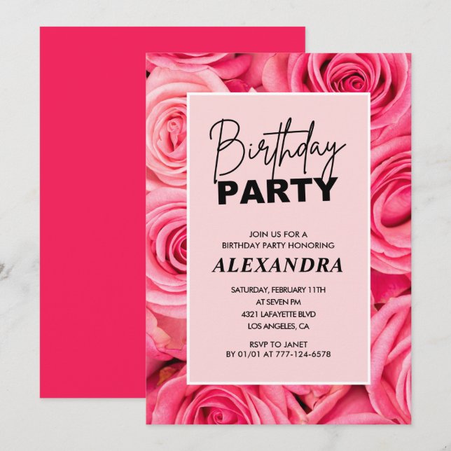 Elegant Pink Roses Floral 67th birthday Invitation (Front/Back)