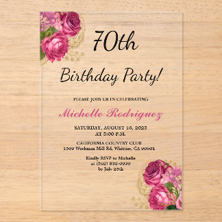 Elegant Pink Roses Floral 70th Birthday Party Acrylic Invitations