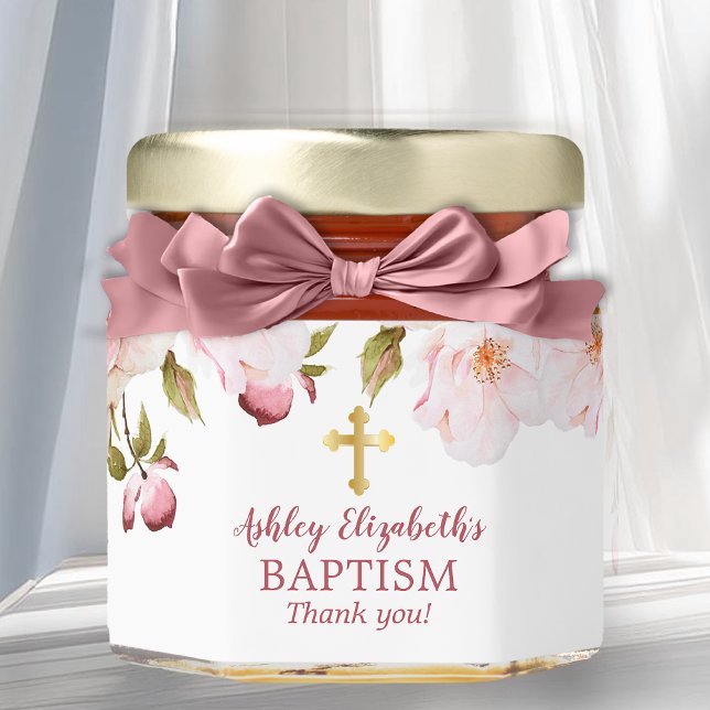 Elegant Pink Roses Floral Baptism Honey Jar Favors (Elegant Pink Roses Floral Girl Baptism Honey Jar Favors)