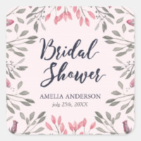 Elegant Pink Roses Floral Bridal Shower Square Sticker