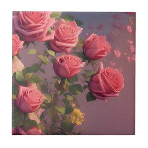 Elegant Pink Roses Floral Decorative Ceramic Tile