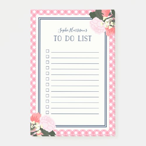 Elegant Pink Roses Floral Gingham To Do List Post_it Notes