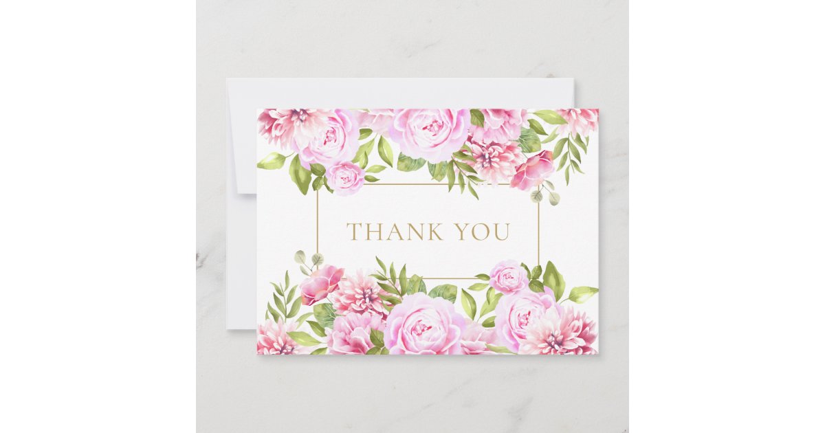 Elegant Pink Roses Floral Gold Geometric Thank You Card | Zazzle