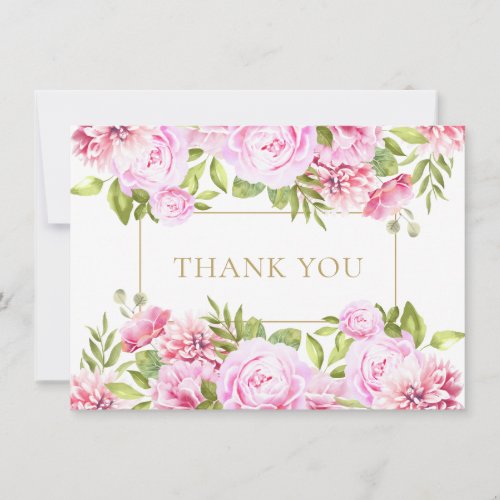 Elegant Pink Roses Floral Gold Geometric Thank You Card