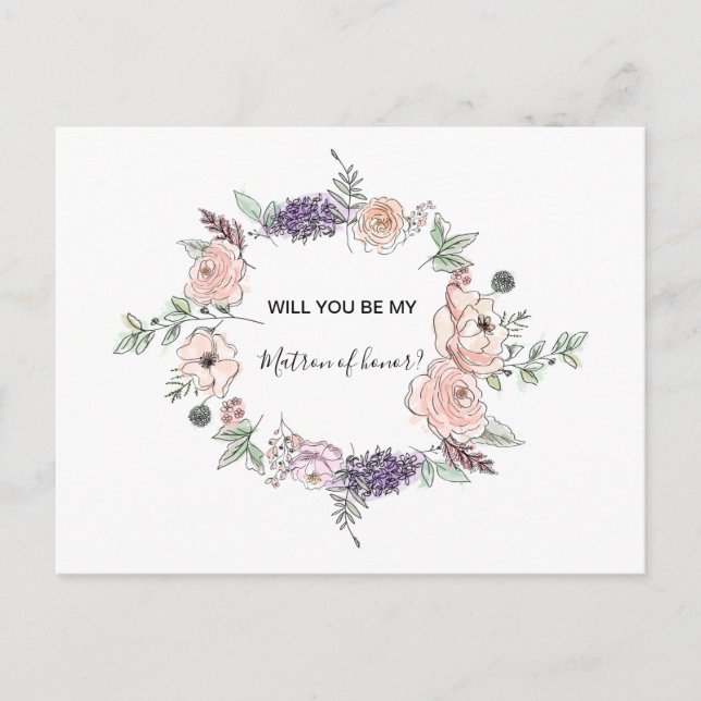 Elegant Pink Roses Floral Modern Matron of Honor Invitation Postcard (Front)