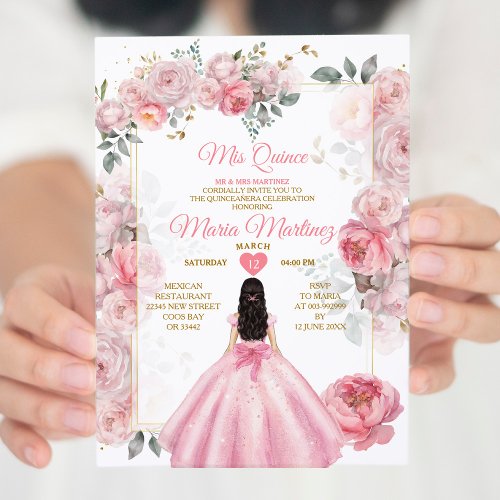 Elegant Pink Roses Floral Princess Quiceanera Invitation