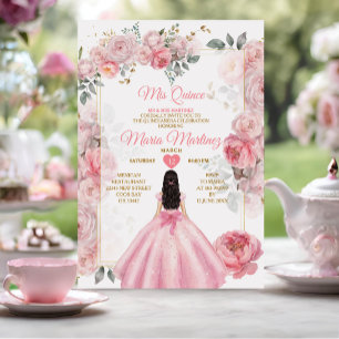 Elegant Pink Roses Floral Princess Quiñceanera Invitation