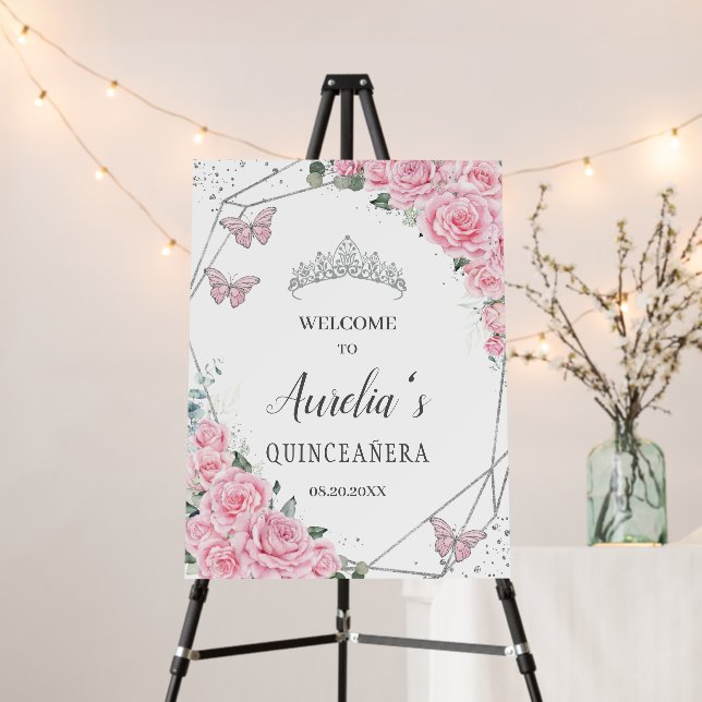 Elegant Pink Roses Floral Quinceañera 16 Welcome Foam Board (In Situ (Stand))