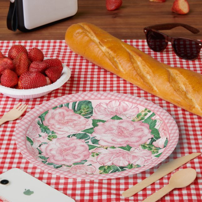 Elegant Pink Roses Floral Summer Party Paper Plates (Picnic)