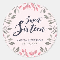 Elegant Pink Roses Floral Sweet 16 Birthday Party Classic Round Sticker