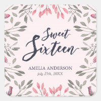 Elegant Pink Roses Floral Sweet 16 Birthday Square Sticker