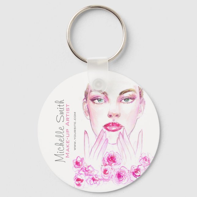 Elegant Pink Roses Floral Watercolor Beauty Salon  Keychain (Front)