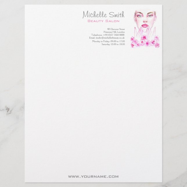 Elegant Pink Roses Floral Watercolor Beauty Salon  Letterhead (Front)