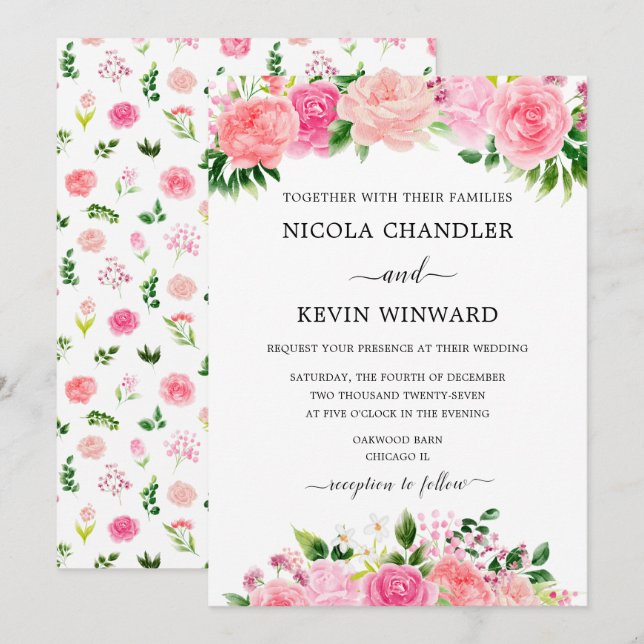 Elegant Pink Roses Floral Wedding Invitation (Front/Back)