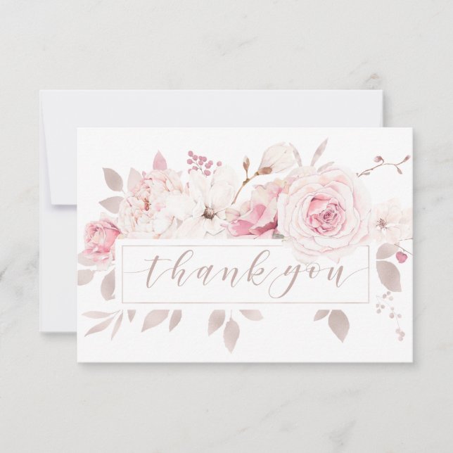 Elegant Pink Roses Floral Wedding Thank You Card (Front)