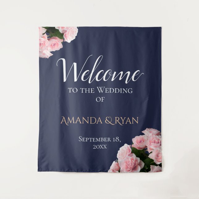 Elegant Pink Roses Floral Wedding Welcome Backdrop (Front)