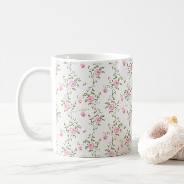 Elegant Pink Roses Flowers Pattern  Coffee Mug (With Donut)
