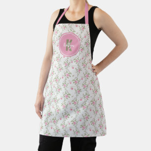 Elegant Pink Roses Flowers Pattern Monogram Apron